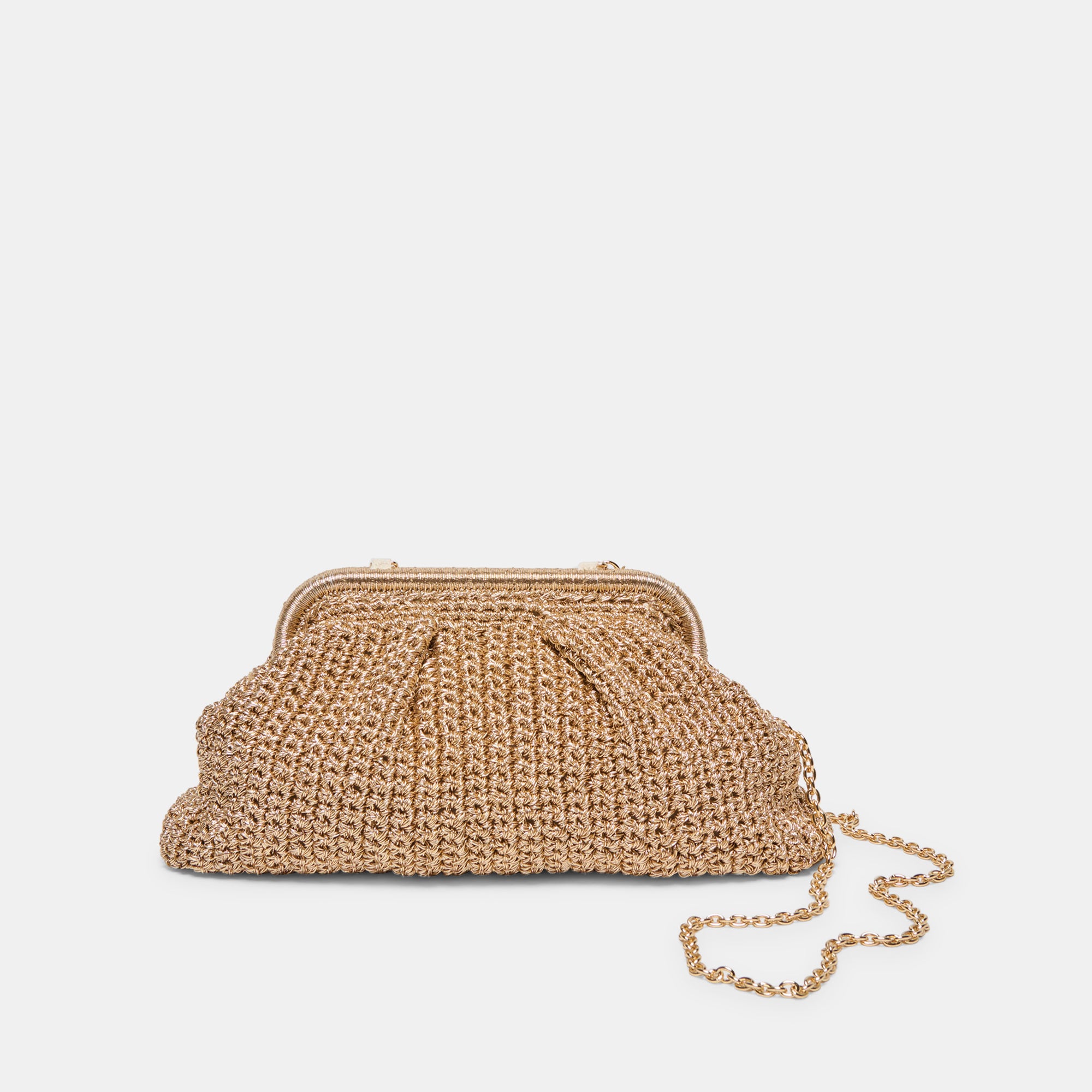 IONE Gold Raffia Crochet Chain Strap Clutch | Women's Designer