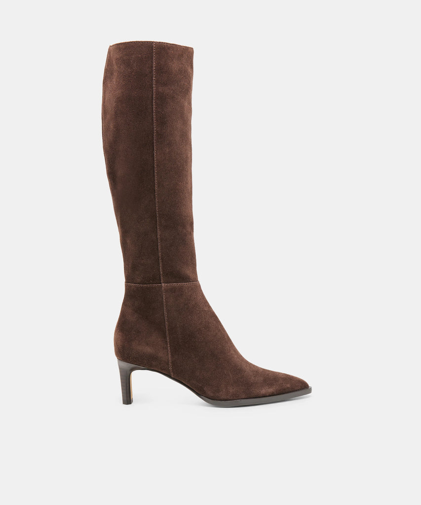 ALIMA NARROW CALF DARK BROWN SUEDE