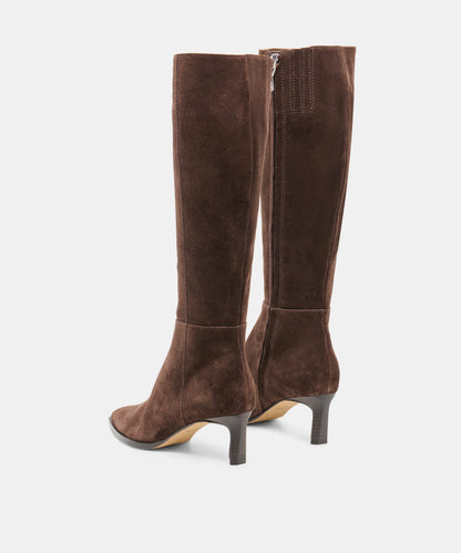 ALIMA NARROW CALF DARK BROWN SUEDE