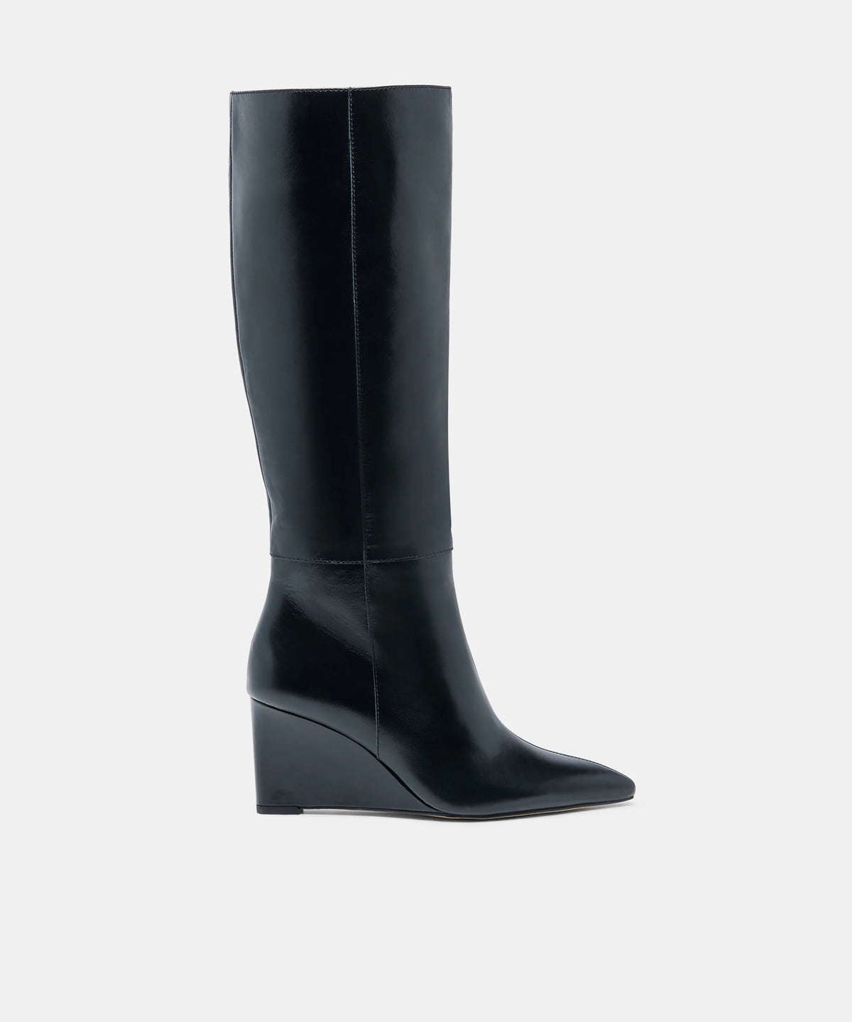 EMILA Black Leather Knee-High Wedged Boots