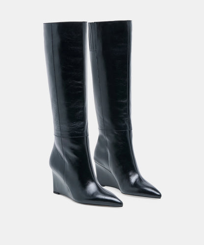 EMILA Black Leather Knee-High Wedged Boots