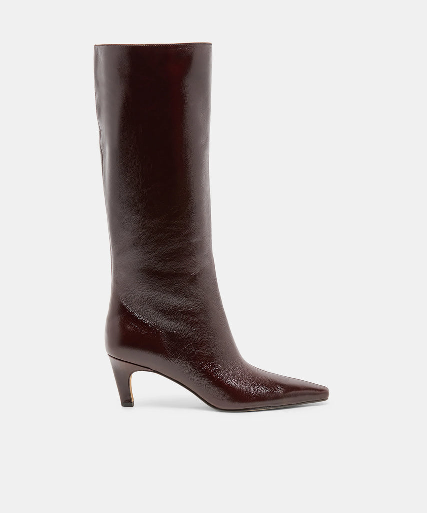 JAZMIN Black Cherry Leather Kitten Heel Knee High Boots