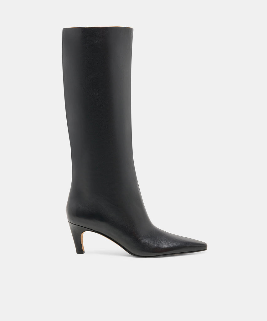 JAZMIN Black Leather Kitten Heel Knee High Boots