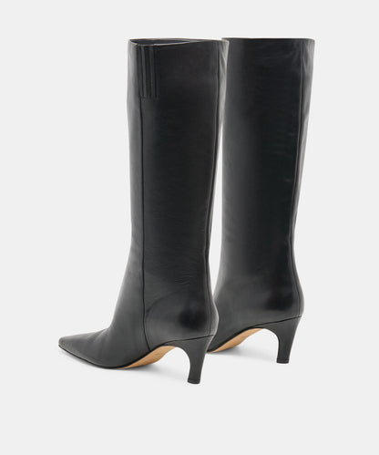 JAZMIN Black Leather Kitten Heel Knee High Boots