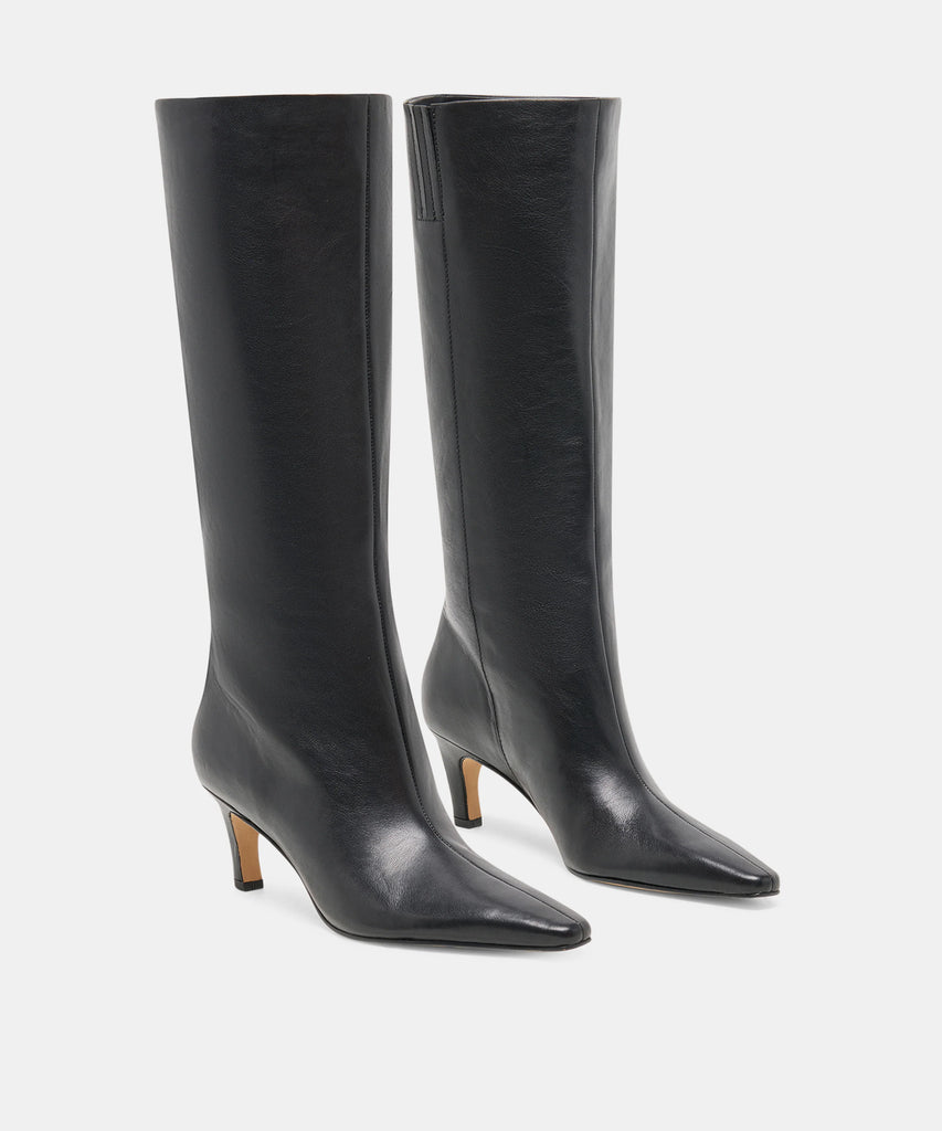 JAZMIN Black Leather Kitten Heel Knee High Boots