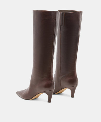 JAZMIN Dark Chocolate Leather Kitten Heel Knee High Boots 