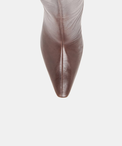 JAZMIN Dark Chocolate Leather Kitten Heel Knee High Boots 