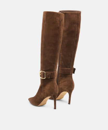 KINZY NARROW CALF DARK BROWN SUEDE