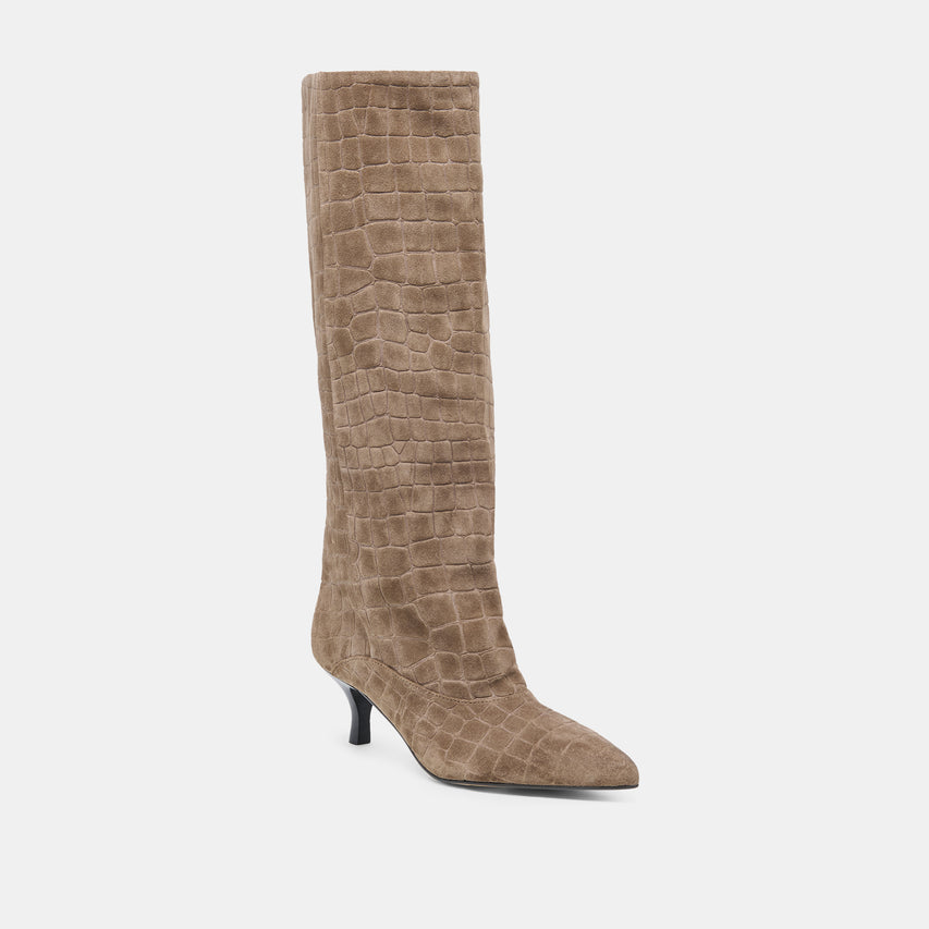 ROXLA Taupe Croco Suede Knee-High Boots