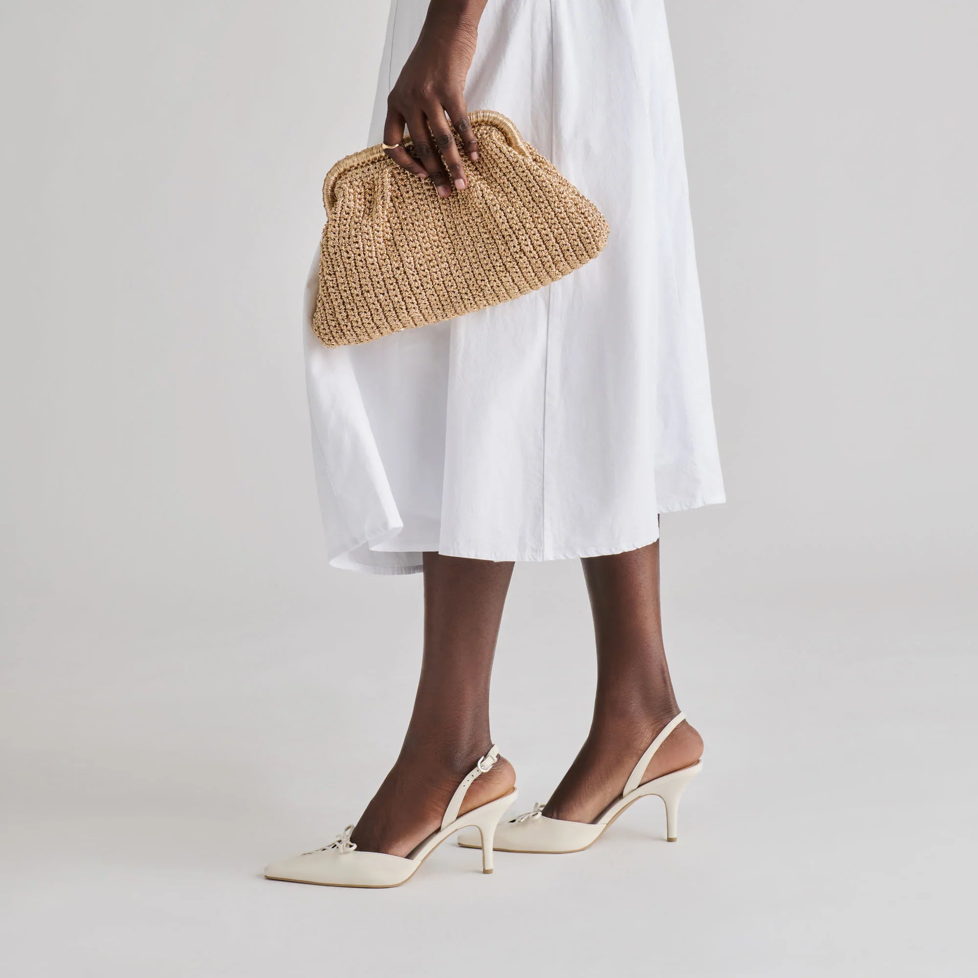IONE Gold Raffia Crochet Chain Strap Clutch | Women's Designer
