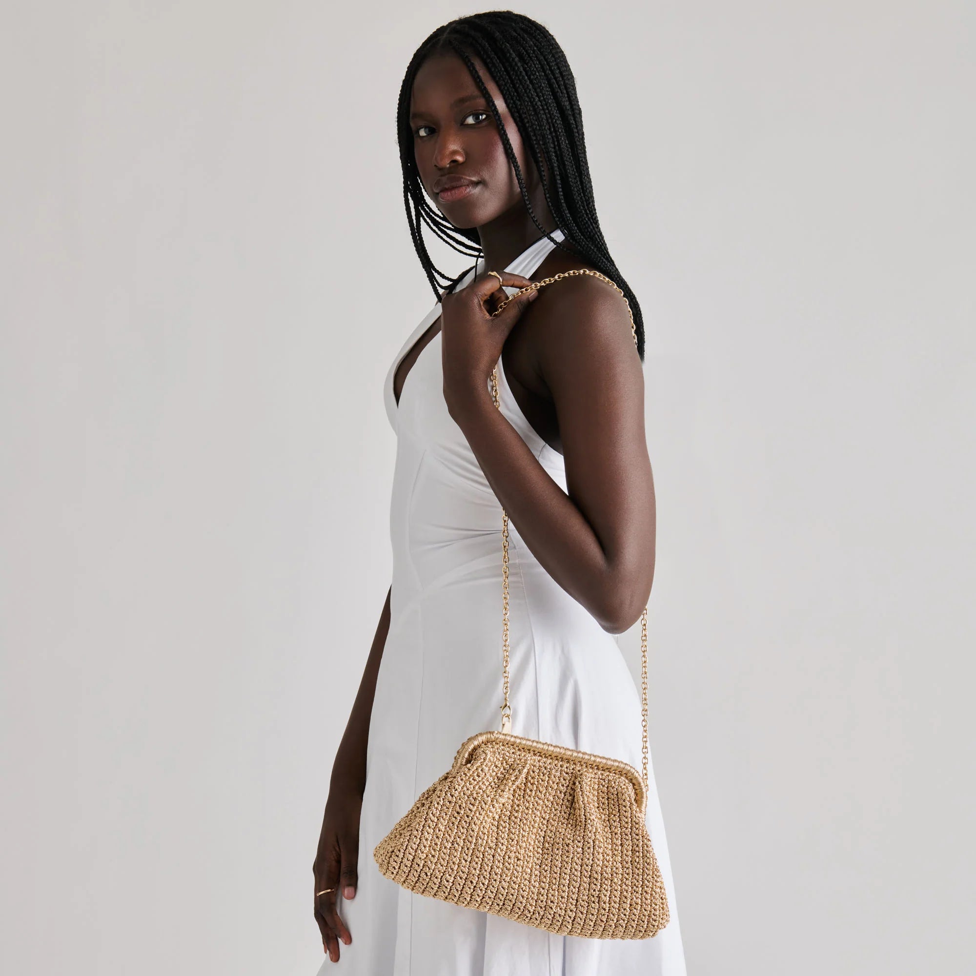 IONE Gold Raffia Crochet Chain Strap Clutch | Women's Designer