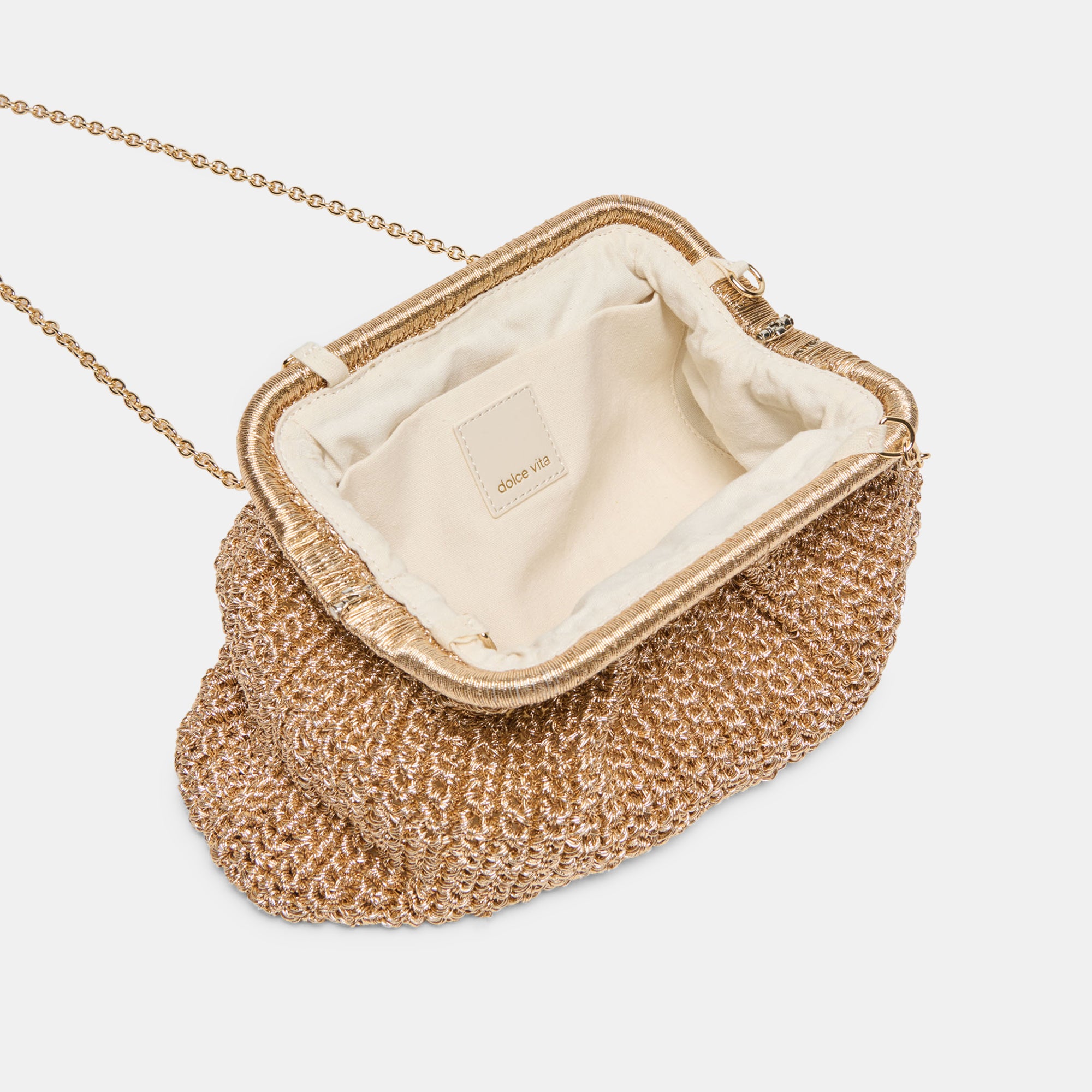 IONE Gold Raffia Crochet Chain Strap Clutch | Women's Designer