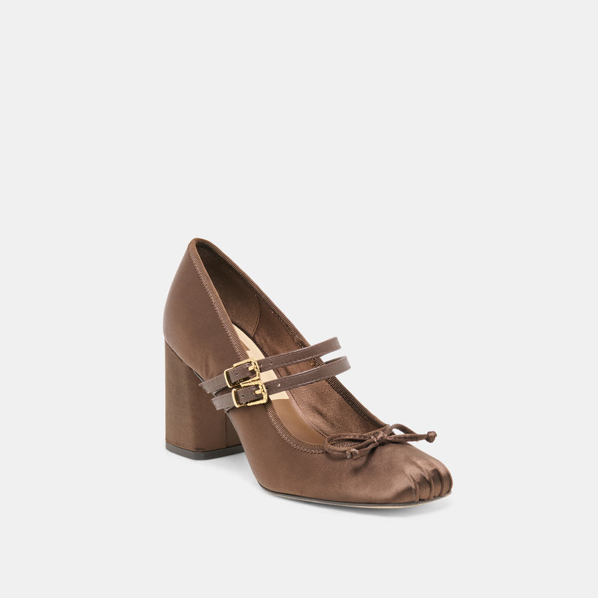 TIARAH Dark Brown Satin Ballet Block Heels