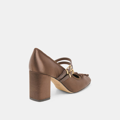 TIARAH Dark Brown Satin Ballet Block Heels