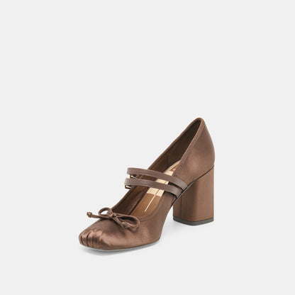 TIARAH Dark Brown Satin Ballet Block Heels