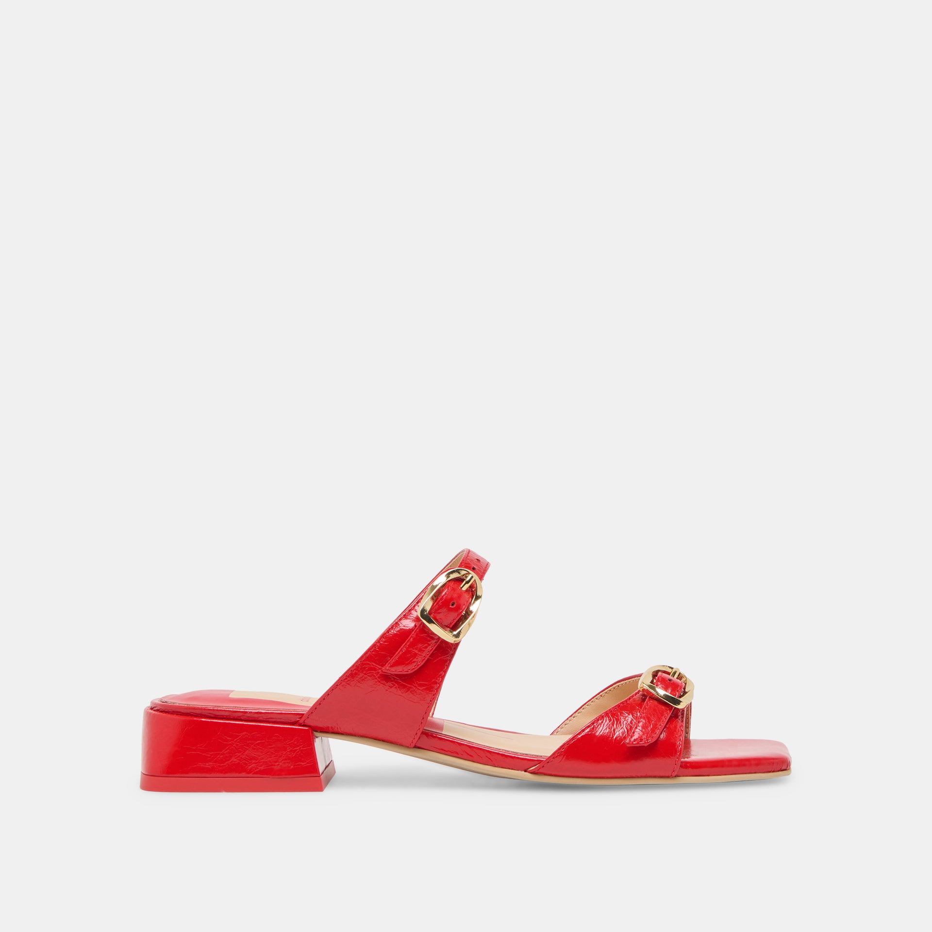Chili Red Square Heels FABOLA Red Leather Square Toe Slide Sandals