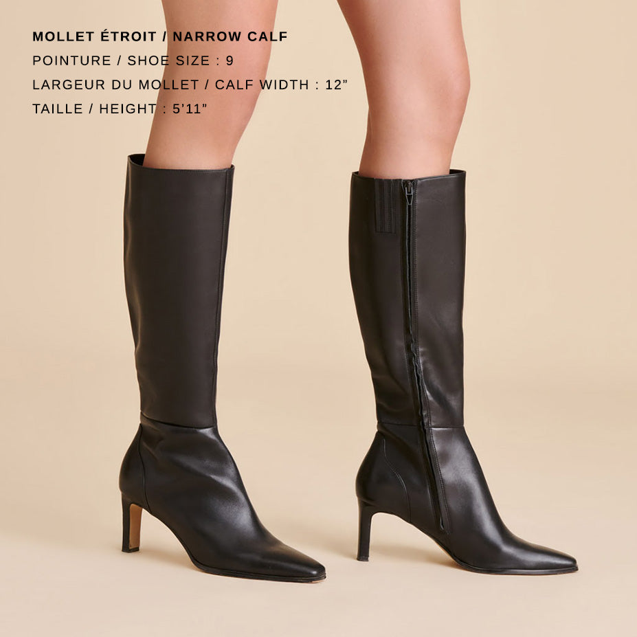 EMMI NARROW CALF Black Leather Knee High Boots Women's Designer