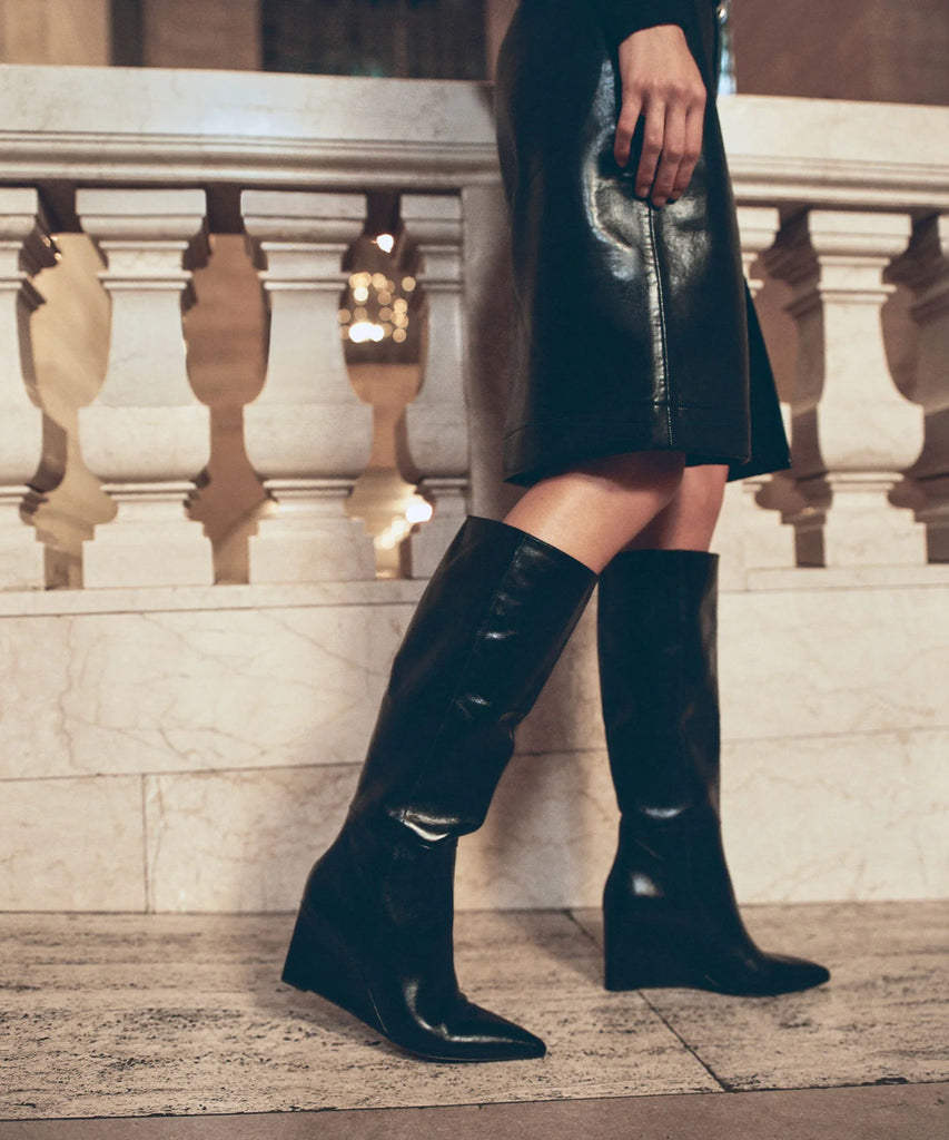 EMILA Black Leather Knee-High Wedged Boots